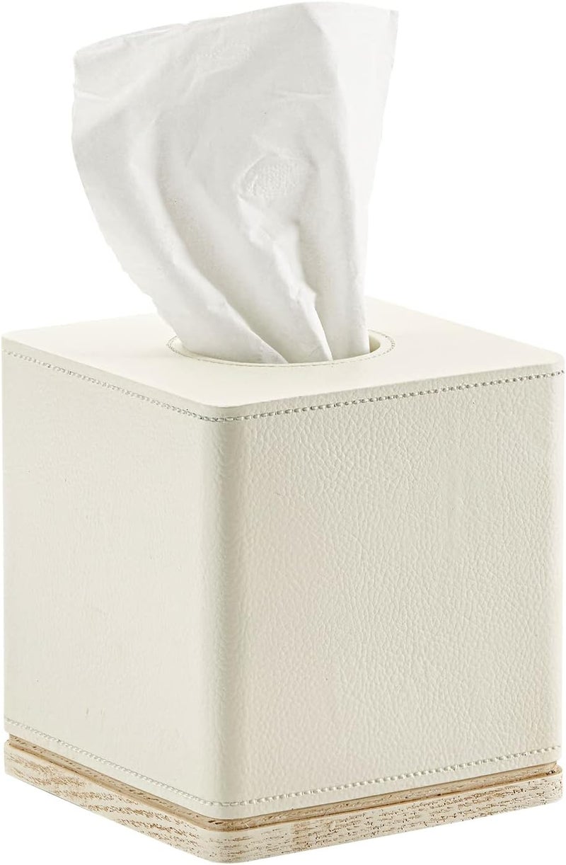 Polytree Tissue Box Cover Square Resin Tissue Holder for Home Decor,Hand Carved Beige Leather Cube Tissue Box Holder – 5.5 Inch Heavy Duty Luxury Tissue Box Case for Bathroom, Living Room, Office - Image 1